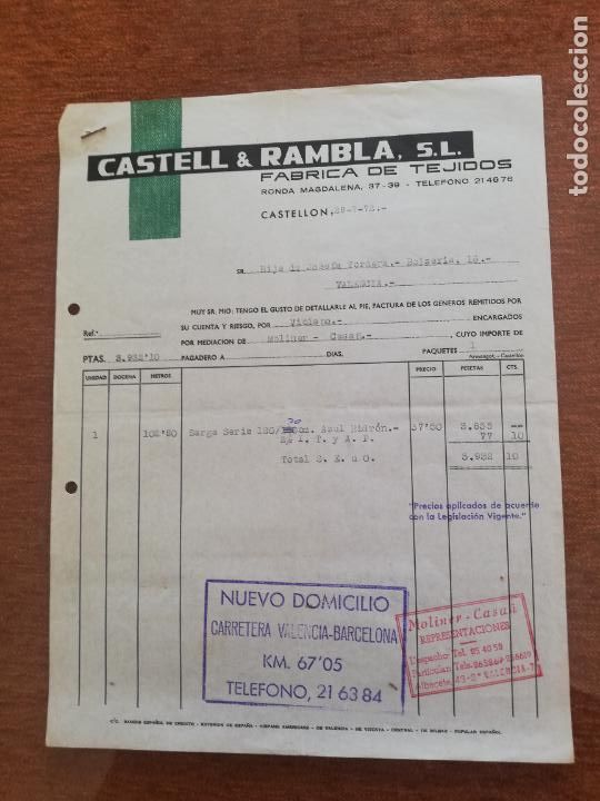 Factures anciennes: FACTURA. FABRICA DE TEJIDOS. CASTELL & RAMBLA, S. L. CASTELLON, 1972.