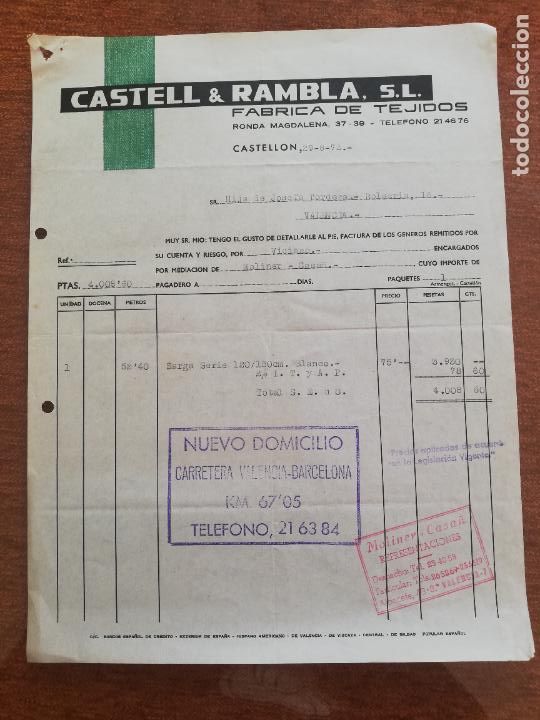 Factures anciennes: FACTURA. FABRICA DE TEJIDOS. CASTELL & RAMBLA, S. L. CASTELLON, 1972.