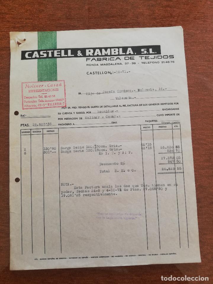 Factures anciennes: FACTURA. FABRICA DE TEJIDOS. CASTELL & RAMBLA, S. L. CASTELLON, 1971.