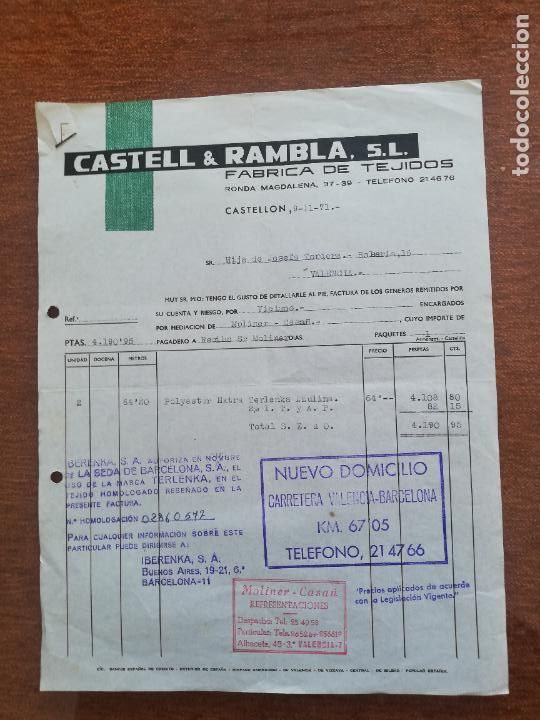 Factures anciennes: FACTURA. FABRICA DE TEJIDOS. CASTELL & RAMBLA, S. L. CASTELLON, 1971.