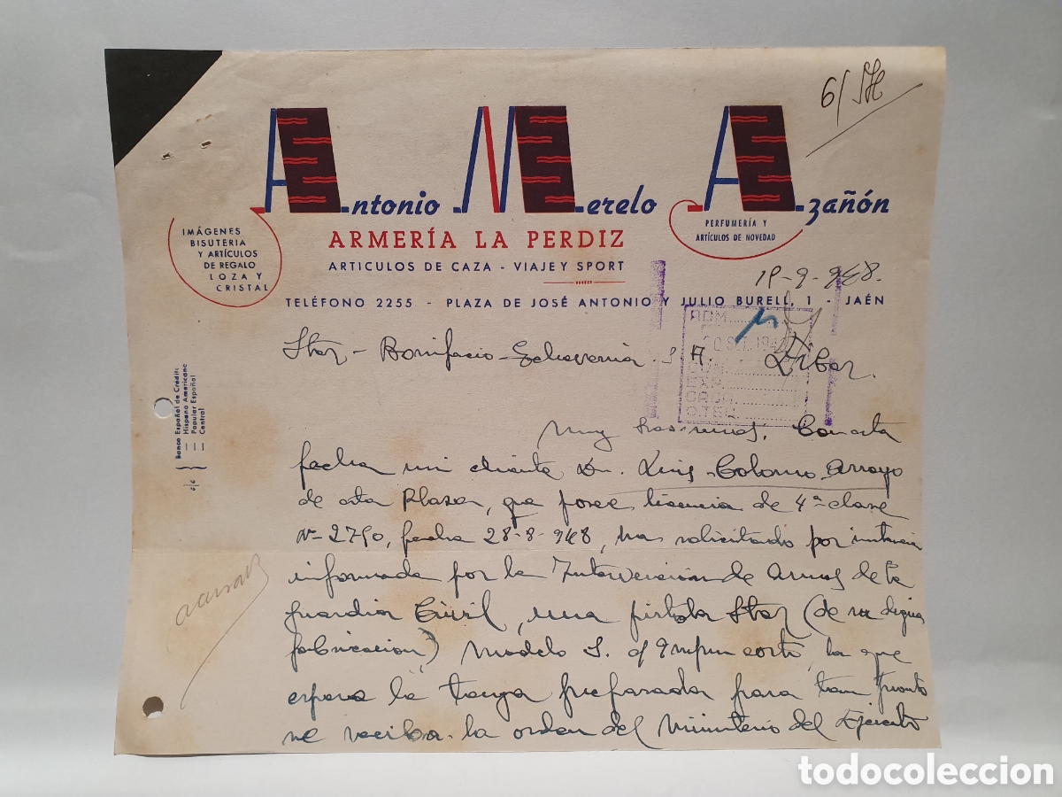 Factures anciennes: ARMERIA LA PERDIZ. ANTONIO MERELO AZA&Ntilde;ON. JAEN. ANTIGUA FACTURA. A&Ntilde;OS 40.