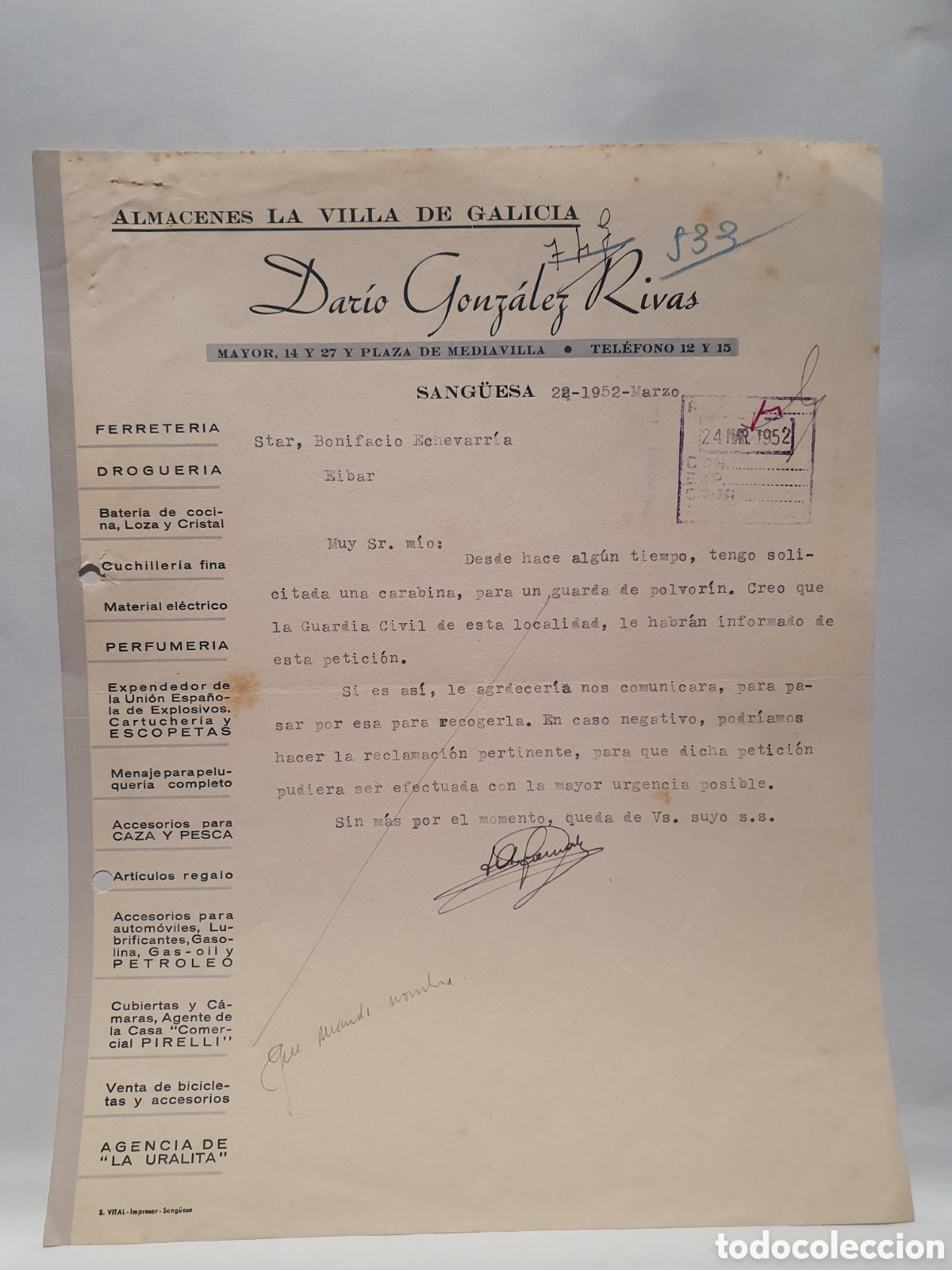 Factures anciennes: ALMACENES LA VILLA DE GALICIA. SANGUESA. DARIO GONZALEZ RIVAS. ANTIGUA FACTURA 1952.