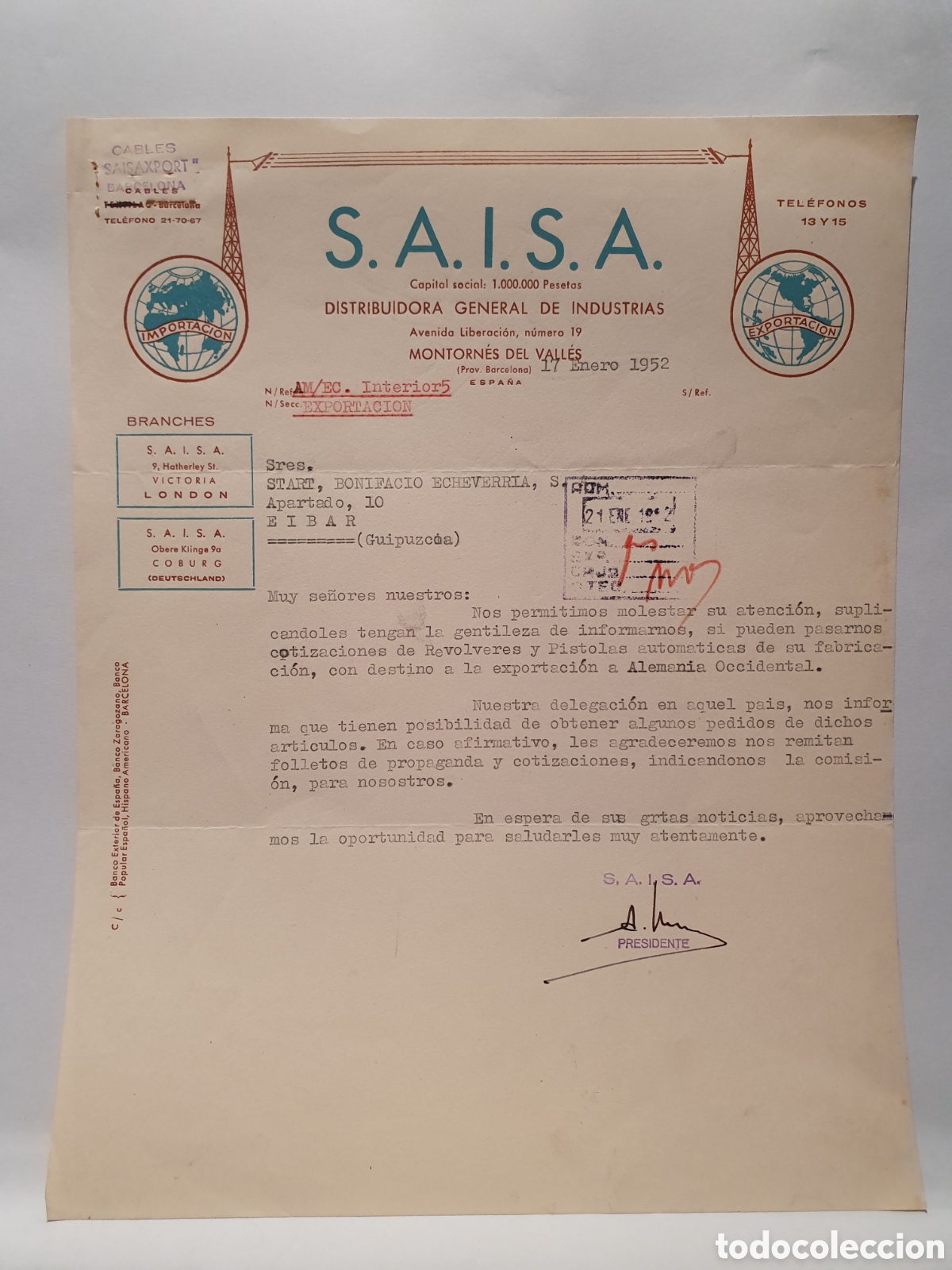 Factures anciennes: S.A.I.S.A. DISTRIBUIDORA GENERAL DE INDUSTRIAS. MONTORNES DEL VALLES. FACTURA 1952.