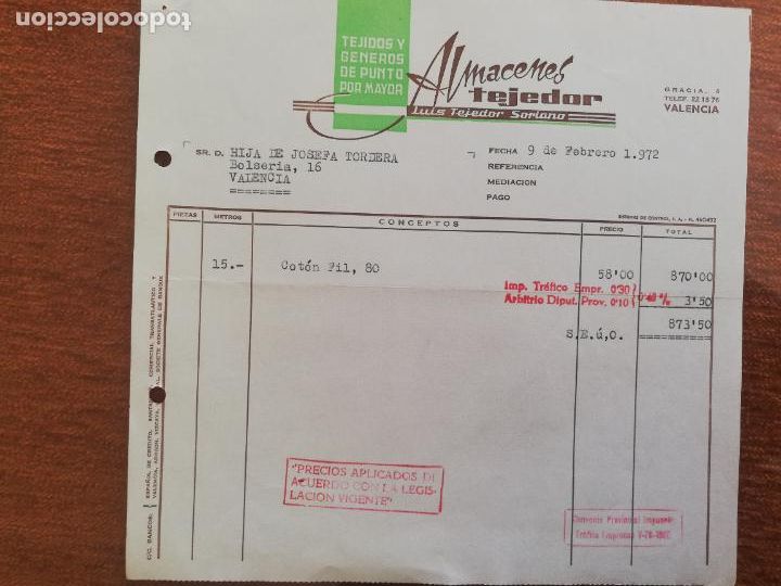 Factures anciennes: FACTURA. TEJIDOS Y GENEROS DE PUNTO POR MAYOR. ALMACENES TEJEDOR. VALENCIA, 1972.