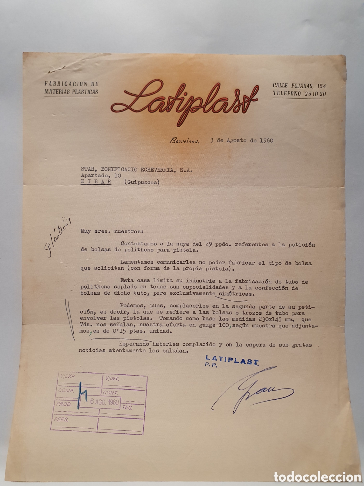 Factures anciennes: LATIPLAST. MAQUINAS DE MATERIALES PLASTICOS. BARCELONA. ANTIGUA FACTURA 1960.