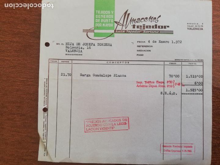 Factures anciennes: FACTURA. TEJIDOS Y GENEROS DE PUNTO POR MAYOR. ALMACENES TEJEDOR. VALENCIA, 1972.