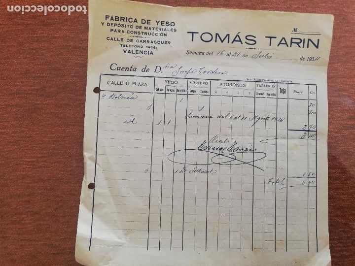 Factures anciennes: FACTURA. FABRICA DE YESO. TOMAS TARIN. VALENCIA, 1934.