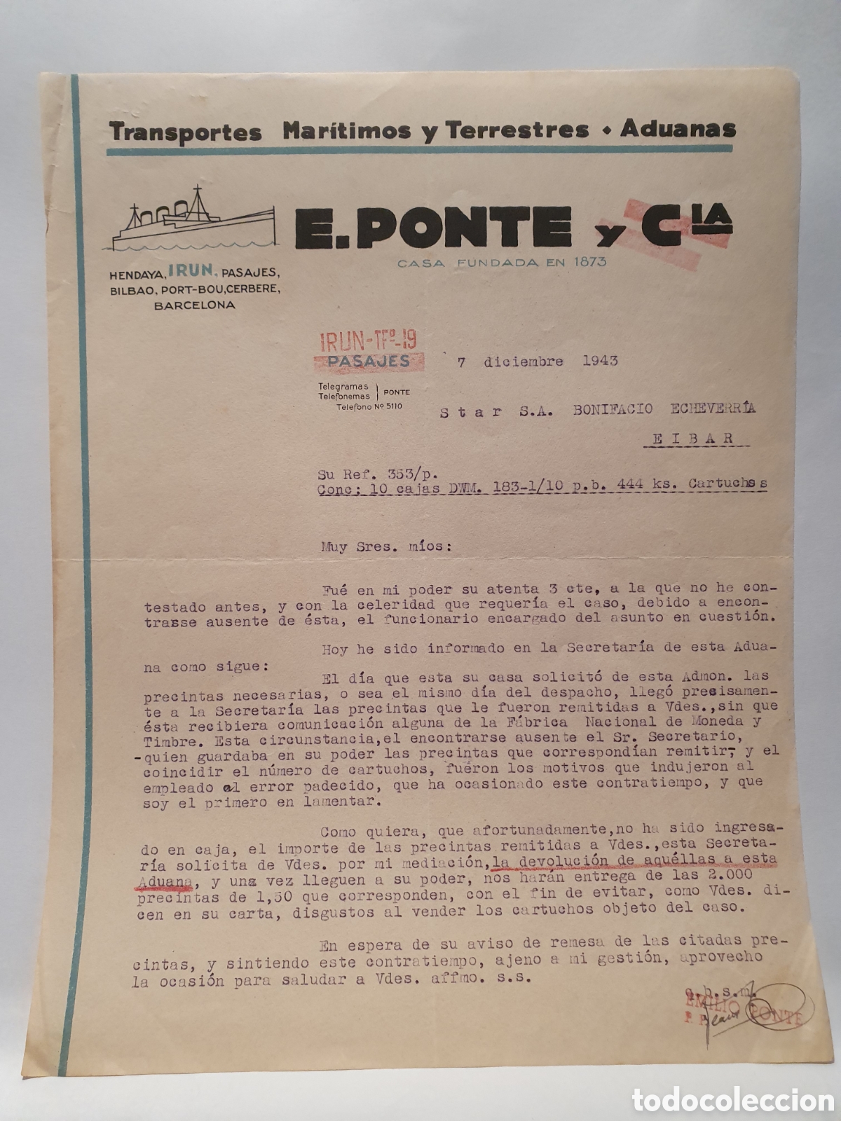 Factures anciennes: E. PONTE Y CIA. TRANSPORTES MARITIMOS Y TERRESTRES. IRUN. PASAJES. ANTIGUA FACTURA 1943.