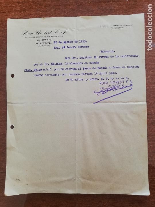 Factures anciennes: CARTA COMERCIAL. ROCA UMBERT C.A. BARCELONA, 1933.
