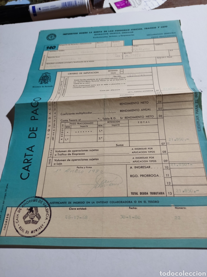 Factures anciennes: Carta de pago impuestos sobre la renta,cu&ntilde;o Real de Montroy