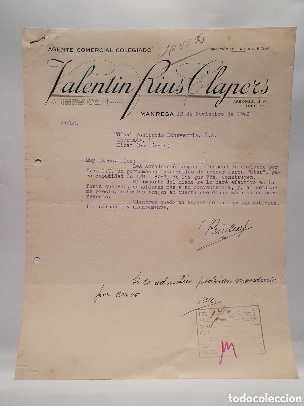 Factures anciennes: VALENTIN RIUS CLAPERS. MANRESA. AGENTE COMERCIAL. ANTIGUA FACTURA 1942. EPOCA II GUERRA MUNDIAL.