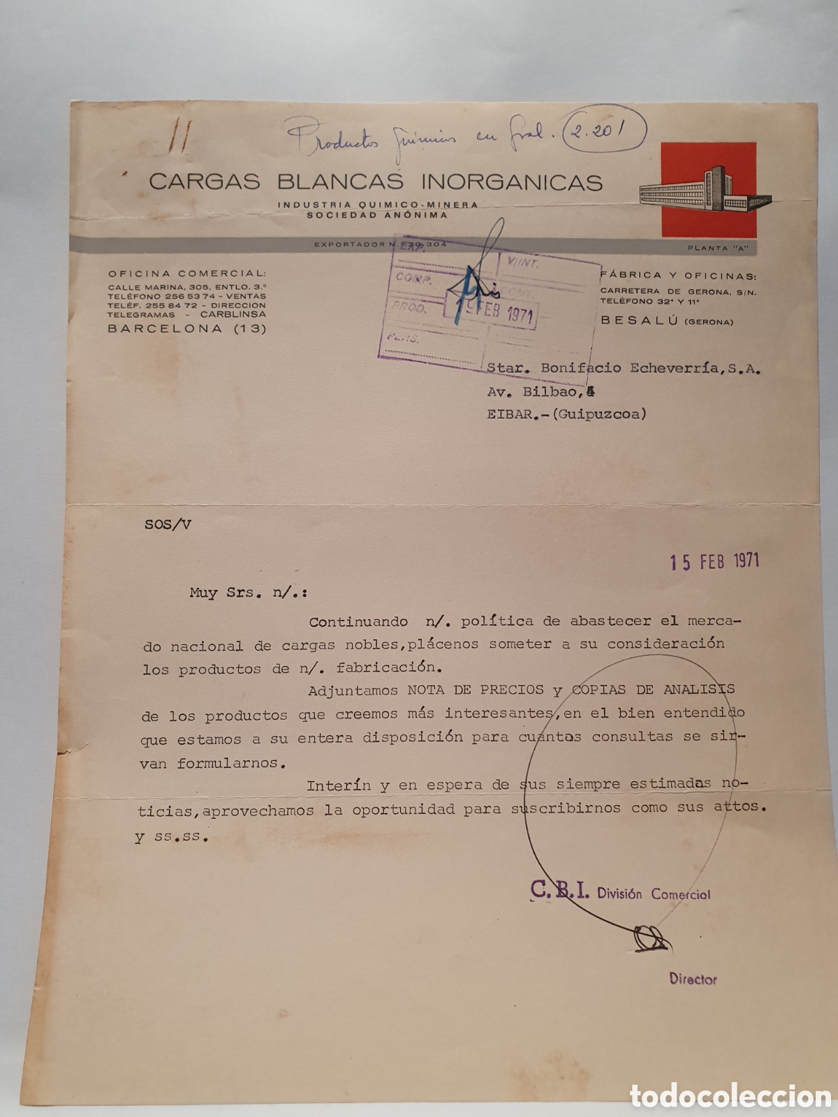 Factures anciennes: CARGAS BLANCAS INORGANICAS. BESALU. GERONA. FACTURA INDUSTRIA QUIMICO-MINERA. A&Ntilde;O 1971.