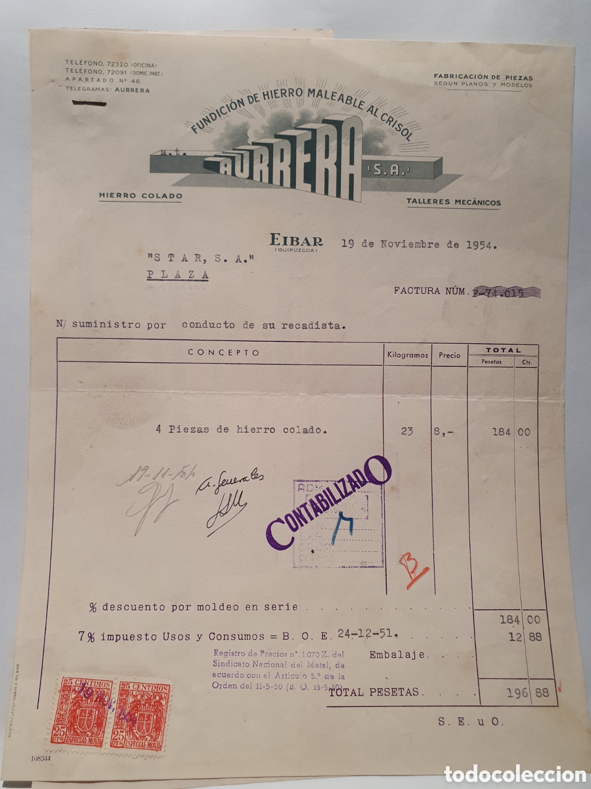 Factures anciennes: AURERRA. FUNDICION DE HIERRO. EIBAR. ANTIGUA FACTURA. A&Ntilde;O 1954.