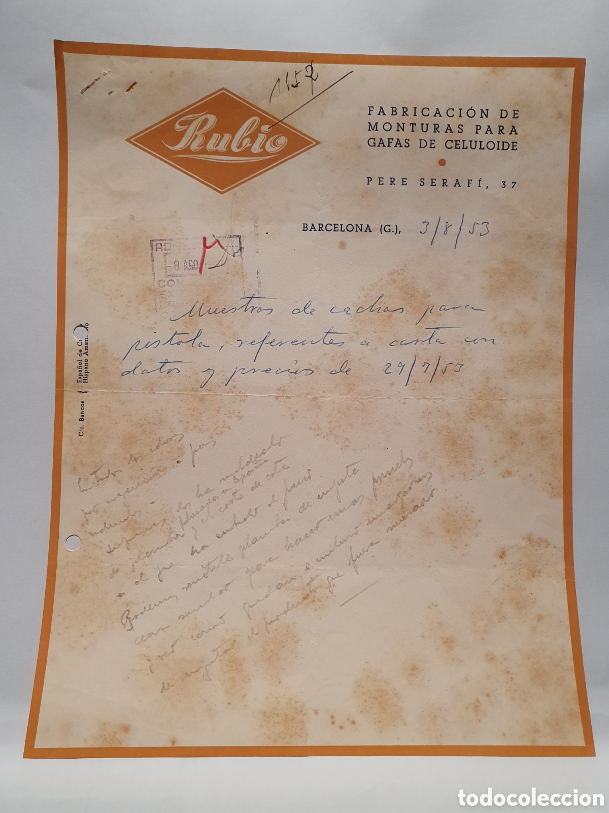 Factures anciennes: RUBIO. FABRICACION DE MONTURAS PARA GAFAS DE CELULOIDE. BARCELONA. ANTIGUA FACTURA 1953.