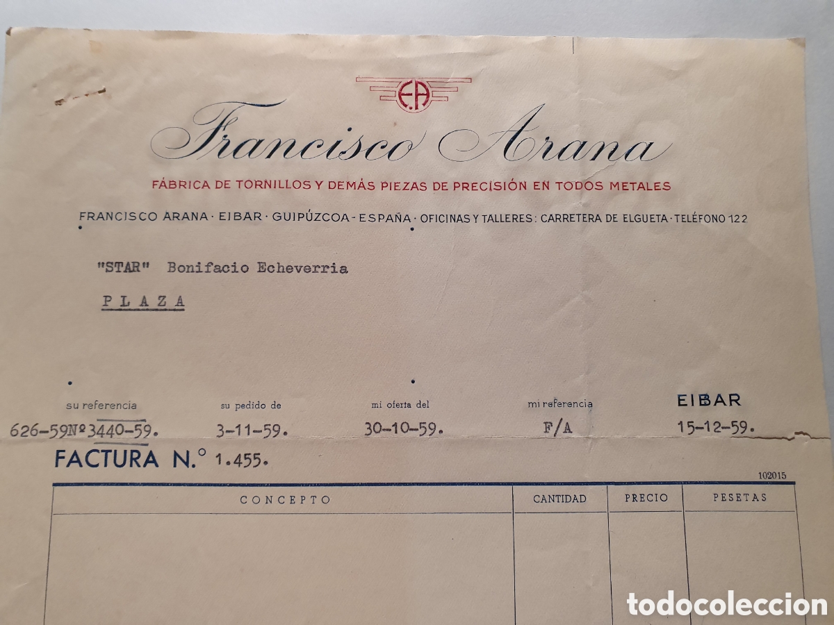 Factures anciennes: FRANCISCO ARANA. FABRICA DE TORNILLOS. EIBAR. ANTIGUA FACTURA. A&Ntilde;O 1959.