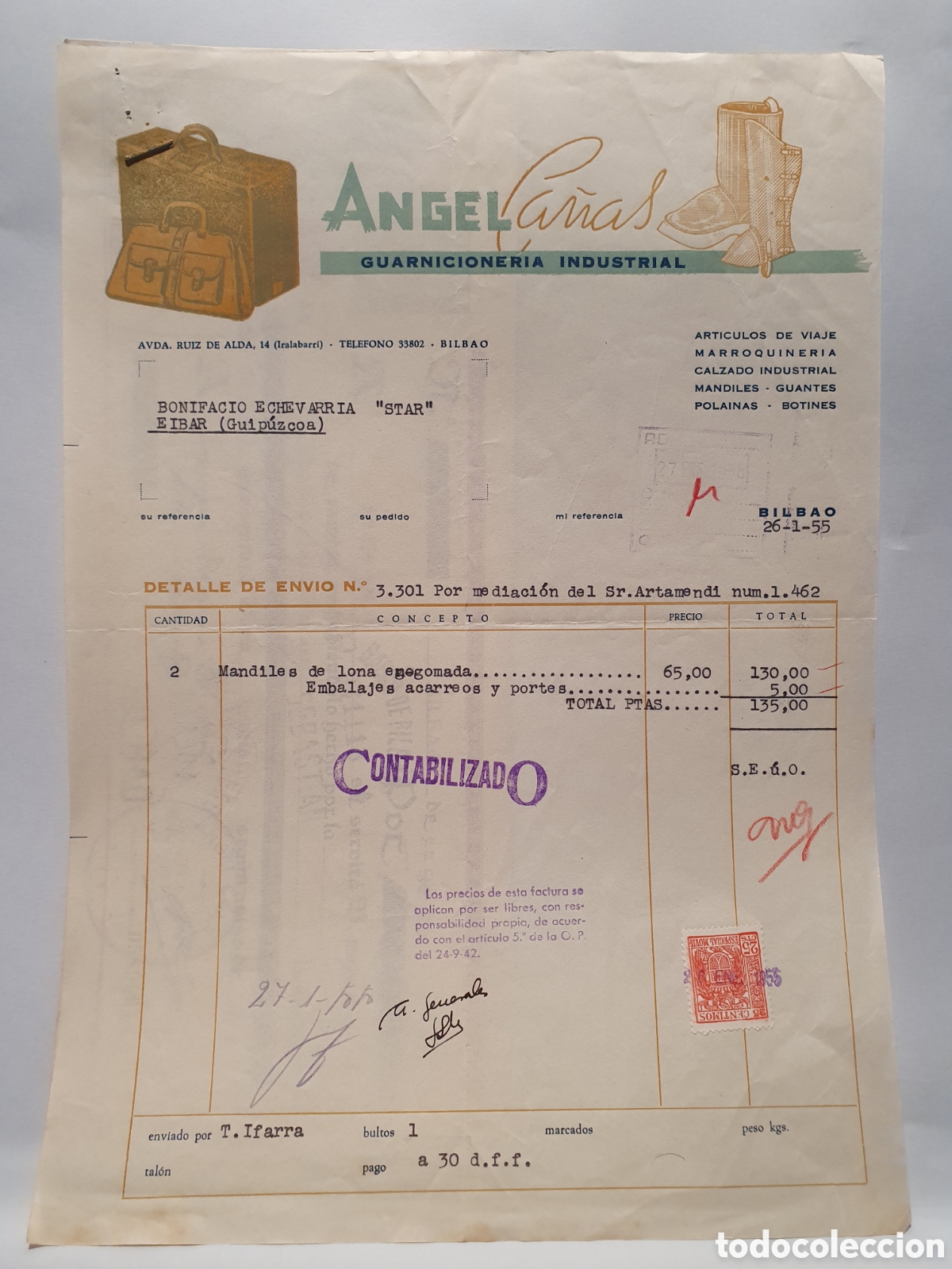 Factures anciennes: ANGEL CA&Ntilde;AS. GUARNICIONERA INDUSTRIAL. BILBAO. ANTIGUA FACTURA. A&Ntilde;O 1955.