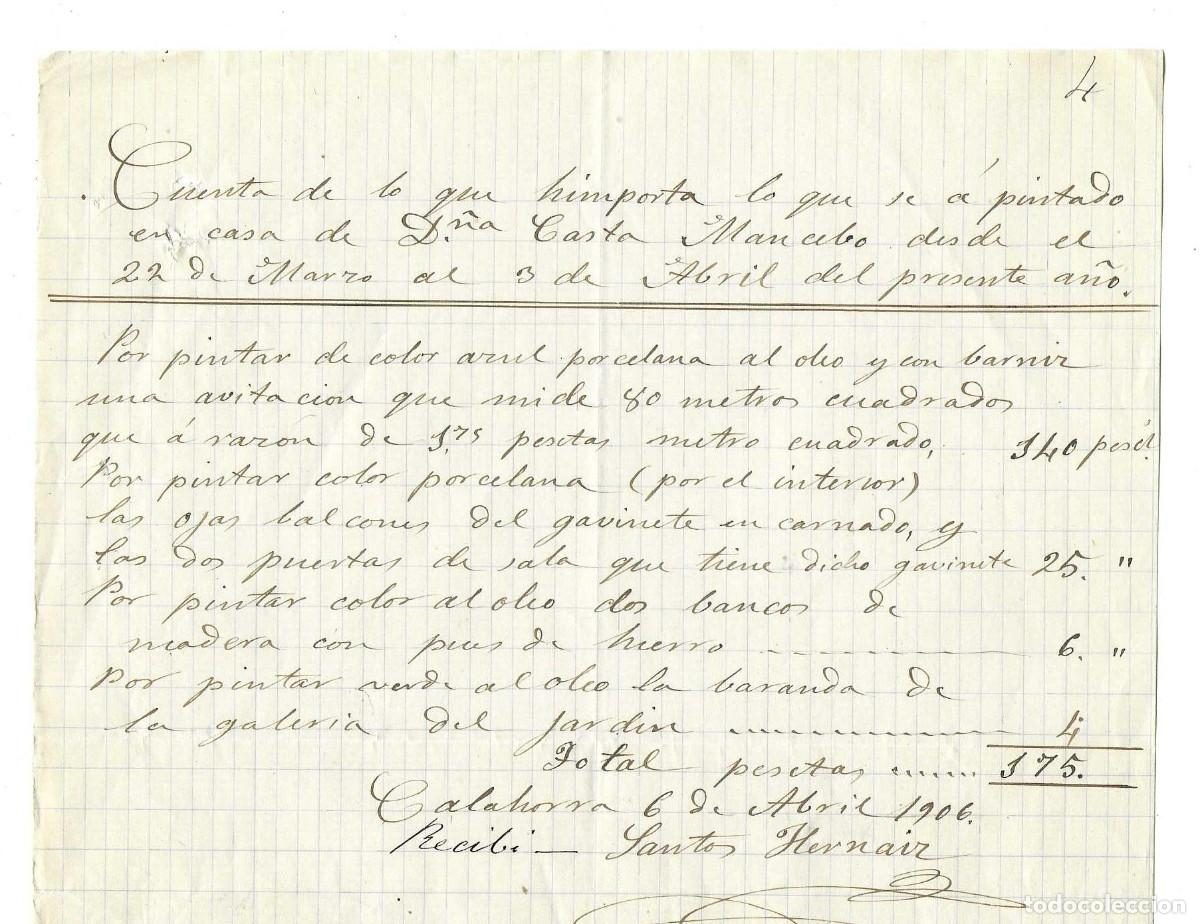 Old Invoices: RECIBO FACTURA DE UN PINTOR. 175 PTS. 1906. CALAHORRA LA RIOJA