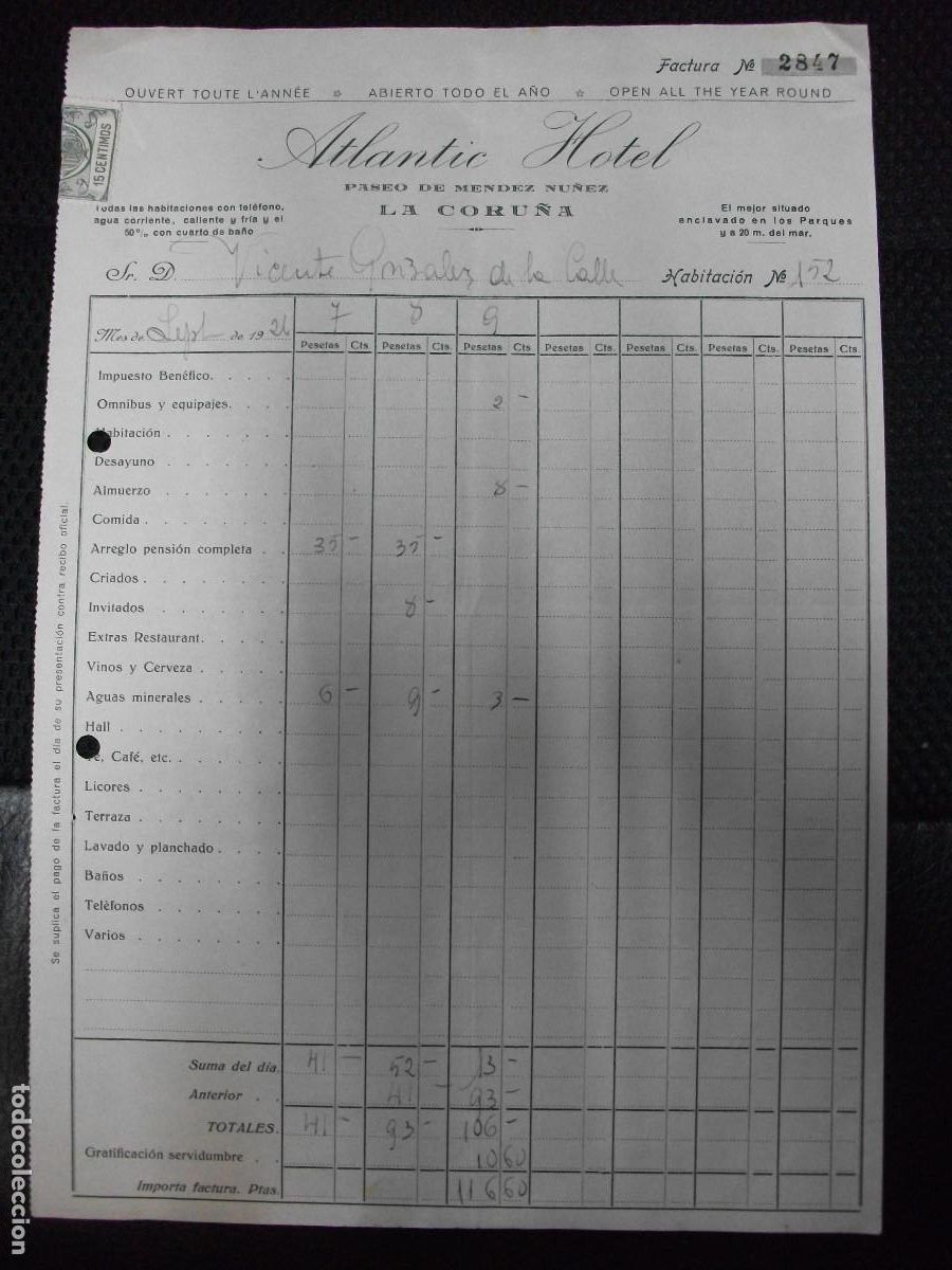 Facturas antiguas: FACTURA DE LA CORU&Ntilde;A ATLANTIC HOTEL 1926 - Foto 1