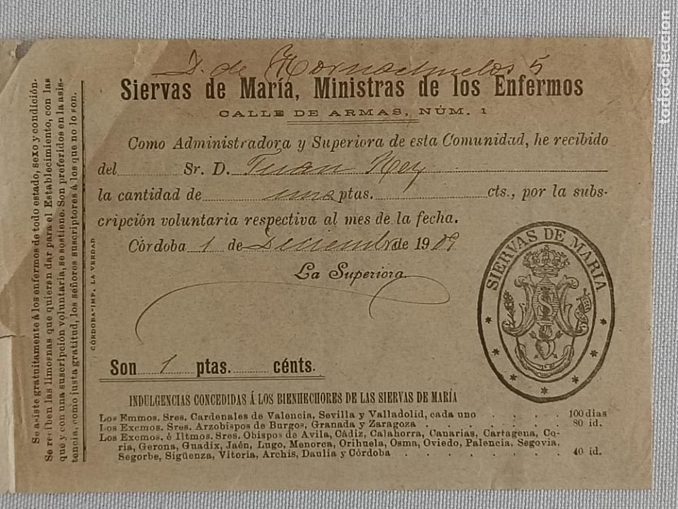 Factures anciennes: Recibo Siervas de Mar&iacute;a. Ministras de los Enfermos. Cordoba 1919