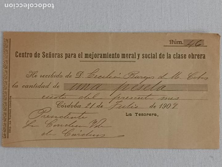 Factures anciennes: Recibo Centro de se&ntilde;oras para el mejoramiento moral y social de la clase obrera. Cordoba 1909