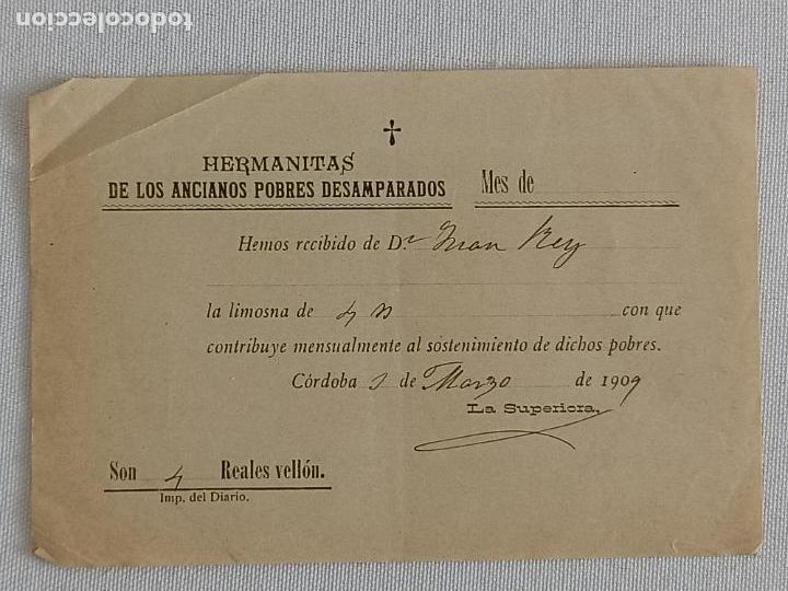 Factures anciennes: Recibo Hermanas pobres de los desamparados. Cordoba 1909
