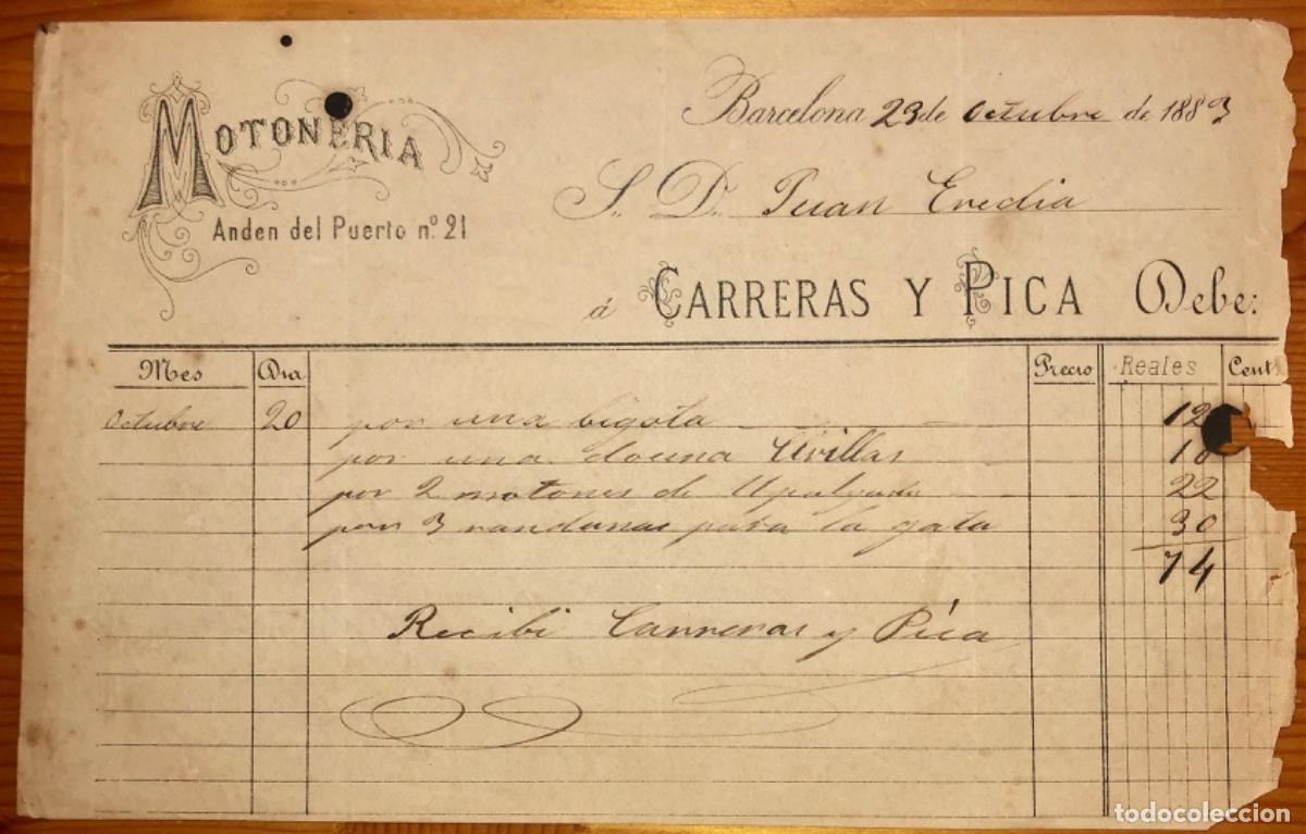Alte Rechnungen: BARCELONA- NAVEGACION- MOTONERIA CARRERAS Y PICA- FACTURA - 1883