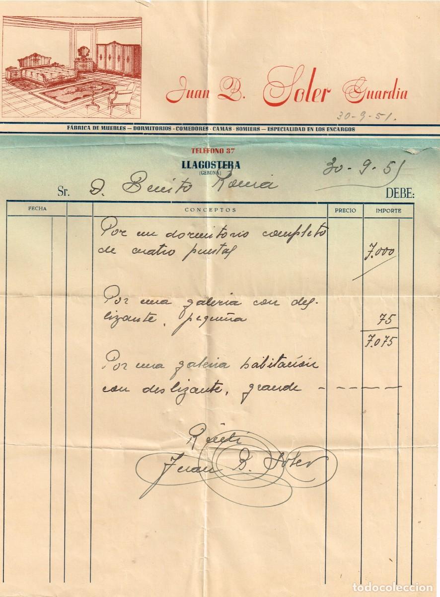Factures anciennes: 1951 30/9 LLAGOSTERA Girona Bonita Factura de la F&aacute;brica de Muebles &rdquo;Juan B. Soler Guardia&rdquo;
