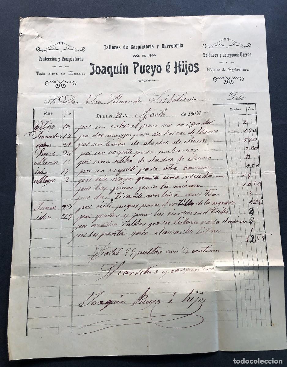 Facturas antiguas: TALLER DE CARPINTER&Iacute;A / JOAQU&Iacute;N PUEYO E HIJOS / BU&Ntilde;UEL 1908 / NAVARRA - Foto 1