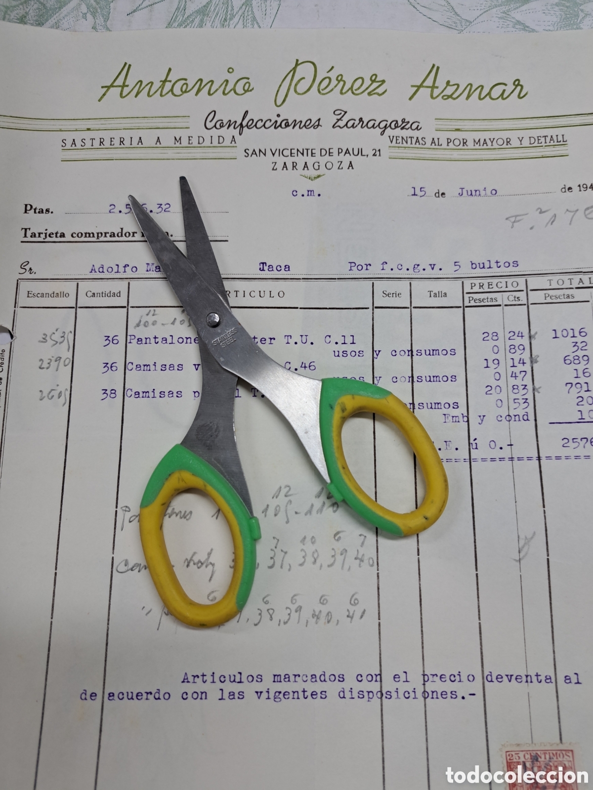 Facturas antiguas: Antonio P&eacute;rez confecci&oacute;n Zaragoza 1945 - Foto 1
