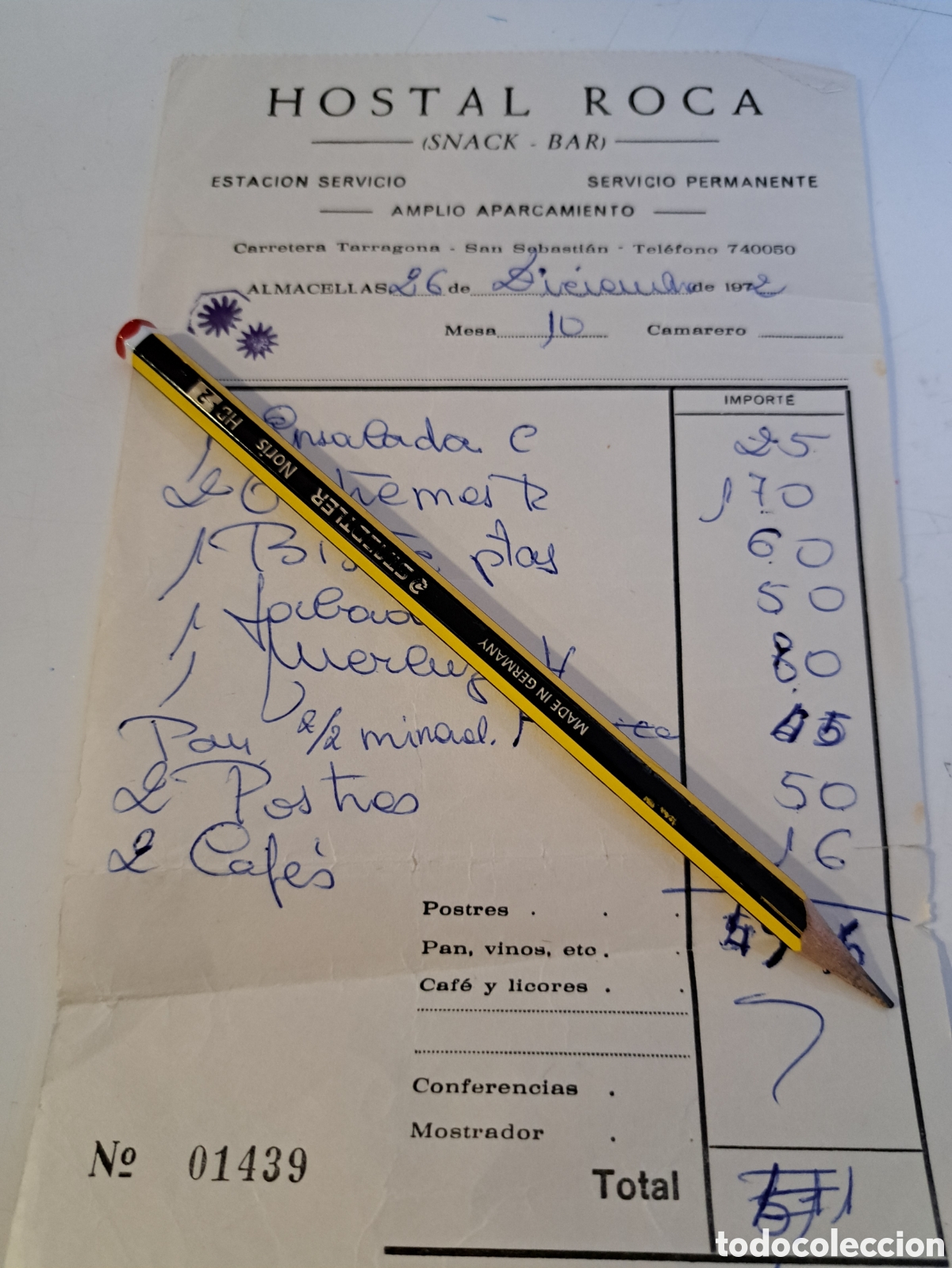 Facturas antiguas: Hostal roca almacellas l&eacute;rida 1972 - Foto 1
