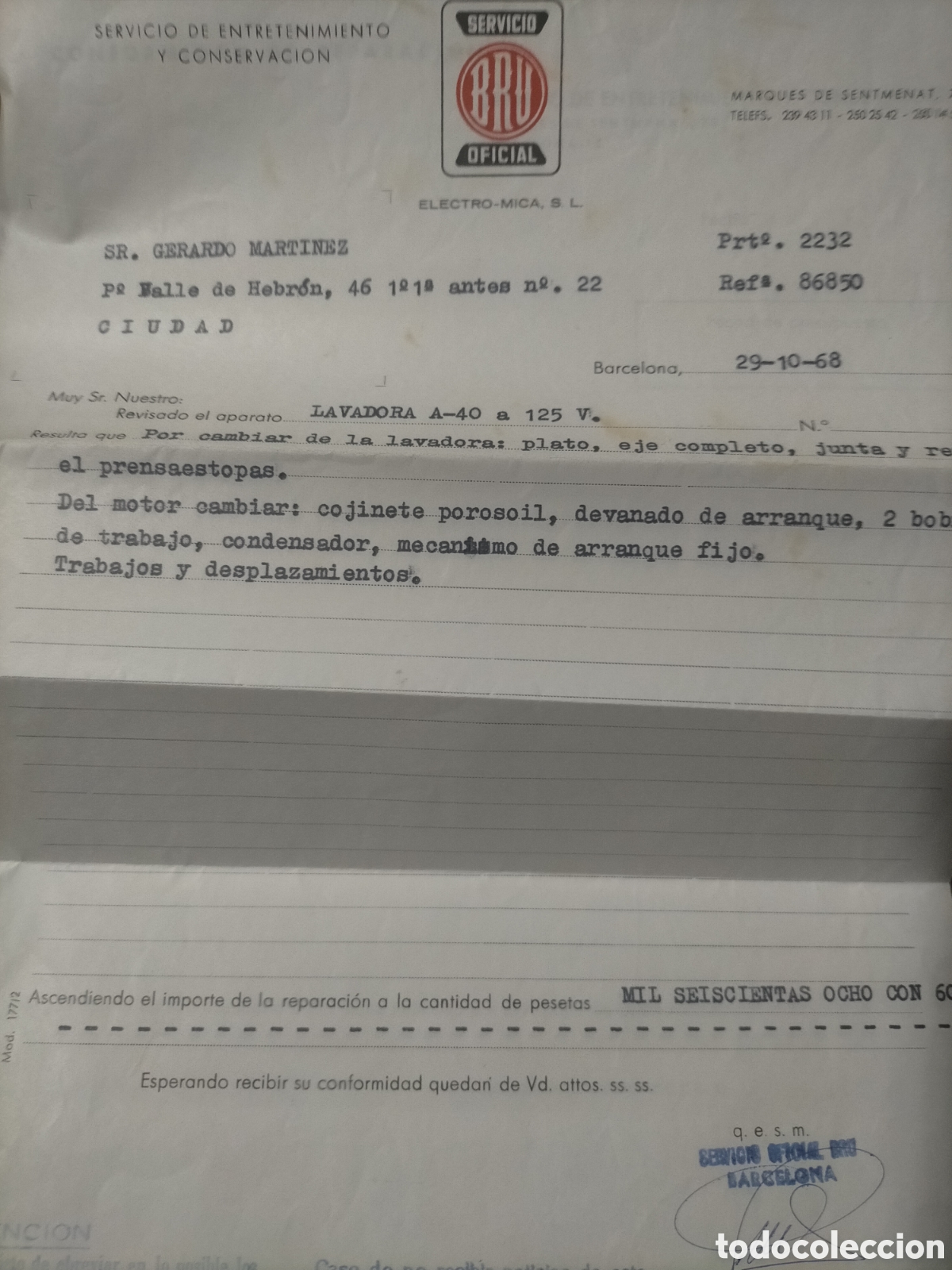 Alte Rechnungen: FACTURA 1968 REPARACION LAVADORA BRU. CON SOBRE Y PARTE TRABAJO
