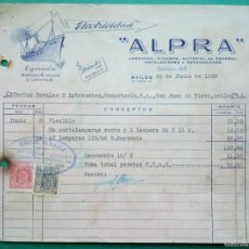 Facturas antiguas: FACTURA DE ELECTRICIDAD ALPRA. AVILÉS-ASTURIAS. 1948