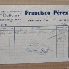 Facturas antiguas: FACTURA FRANCISCO PÉREZ ZARAGOZA AÑO 1932 TEJIDOS Y CONFECCIONES DELICIAS