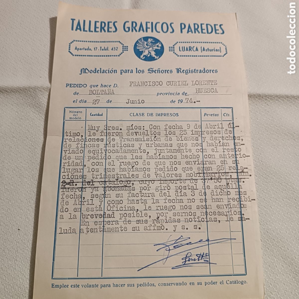 Factures anciennes: LUARCA FACTURA TALLERES GR&Aacute;FICOS PAREDES