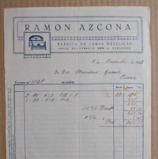 Facturas antiguas: FACTURA RAMÓN AZCONA ZARAGOZA CALLE DEL CABALLO 10 AÑO 1932 FÁBRICA DE CAMAS METÁLICAS