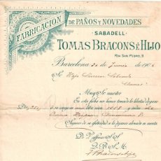 Facturas antiguas: FACTURA FABRICA DE PAÑOS Y NOVEDADES TOMÁS BRACONS E HIJO. SABADELL BARCELONA 1906. Lote 396714974