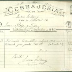 Facturas antiguas: 4412.-VILANOVA I LA GELTRU-FACTURA CERRAJERIA DE JUAN FORTUNY-1885. Lote 400151939