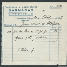 Facturas antiguas: ANTIGUA FACTURA FARMACIA Y LABORATORIO BARNADAS AÑO 1927 HOSPITALET DEL LLOBREGAT. Lote 400546749