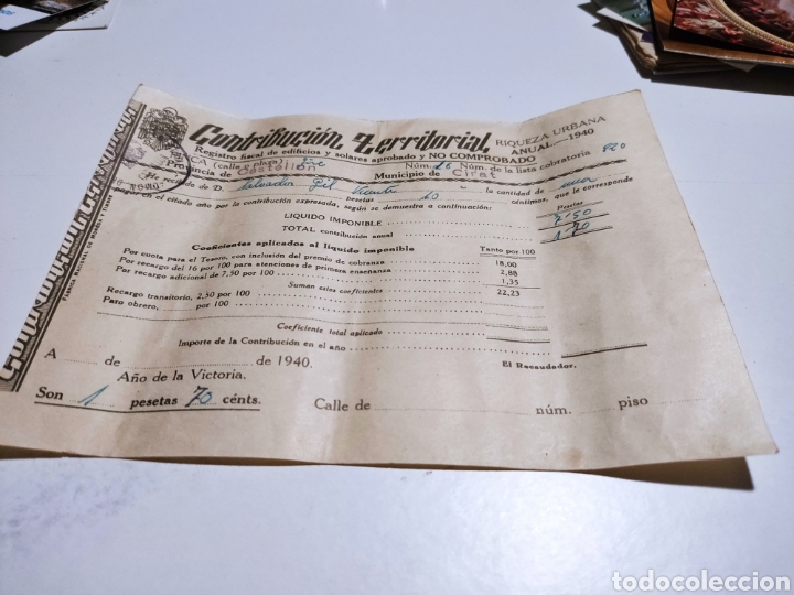 Facturas antiguas: Contribuci&oacute;n territorial, Cirat 1940 - Foto 1