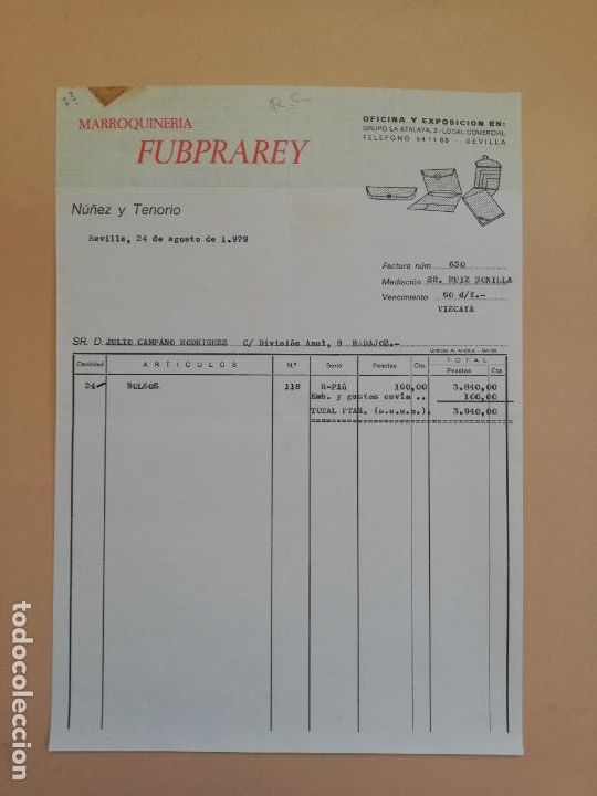 Factures anciennes: FACTURA. MARROQUINERIA FUBPRAREY. NU&Ntilde;EZ Y TENORIO. SEVILLA. 1979.
