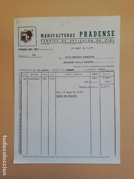 Factures anciennes: FACTURA. FABRICA DE ARTICULOS DE PIEL. MANUFACTURAS PRADENSE. PRADO DEL REY, CADIZ. 1979.
