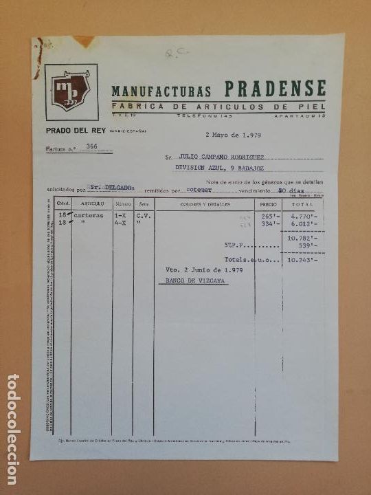 Factures anciennes: FACTURA. FABRICA DE ARTICULOS DE PIEL. MANUFACTURAS PRADENSE. PRADO DEL REY, CADIZ. 1979.