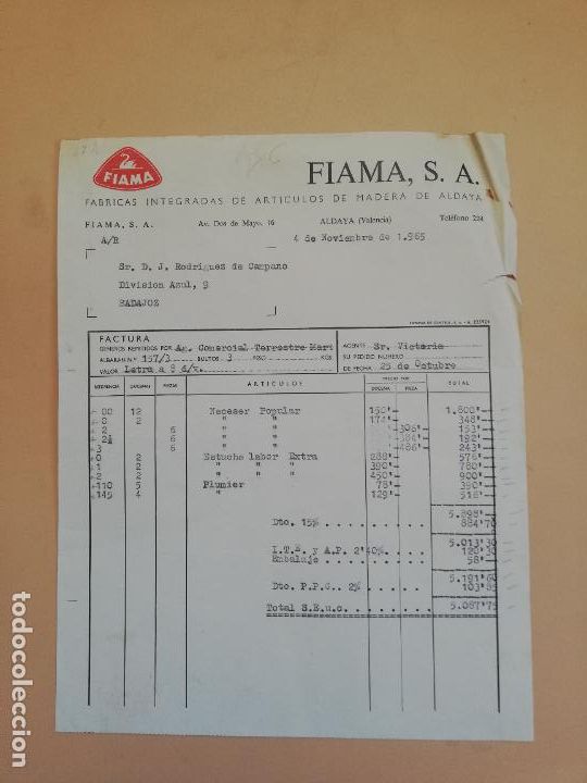 Factures anciennes: FACTURA. FABRICA INTEGRADAS DE ARTICULOS DE MADERA DE ALDAYA. FIAMA, S. A. ALDAYA, VALENCIA. 1965.