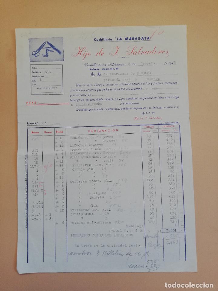 Factures anciennes: FACTURA. CUCHILLERIA LA MARAGATA. HIJO DE J. SALVADORES. CASTRILLO DE LOS POLVAZARES, ASTORGA. 1965.