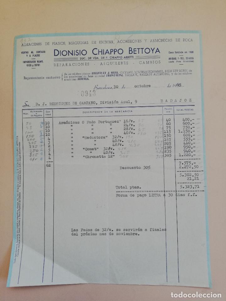 Factures anciennes: FACTURA. ALMACENES DE PIANOS. MAQUINAS DE ESCRIBIR. DIONISIO CHIAPPO BETTOYA. BARCELONA, 1965.