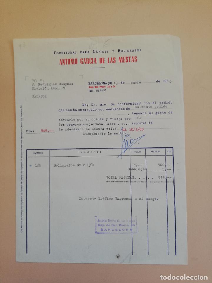 Factures anciennes: FACTURA. FORNITURAS PARA LAPICES Y BOLIGRAFOS. ANTONIO GARCIA DE LAS MESTAS. BARCELONA, 1965.