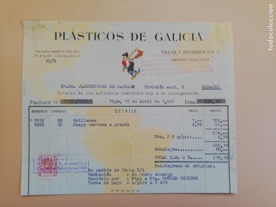Factures anciennes: FACTURA. PLASTICOS DE GALICIA. VIGO, 1961.