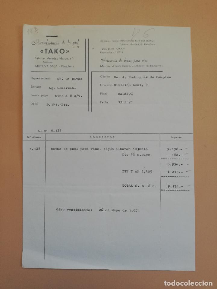 Factures anciennes: FACTURA. TAKO. MANUFACTURAS DE LA PIEL. ARTESANIA DE BOTAS PARA VINO. PAMPLONA. 1971.