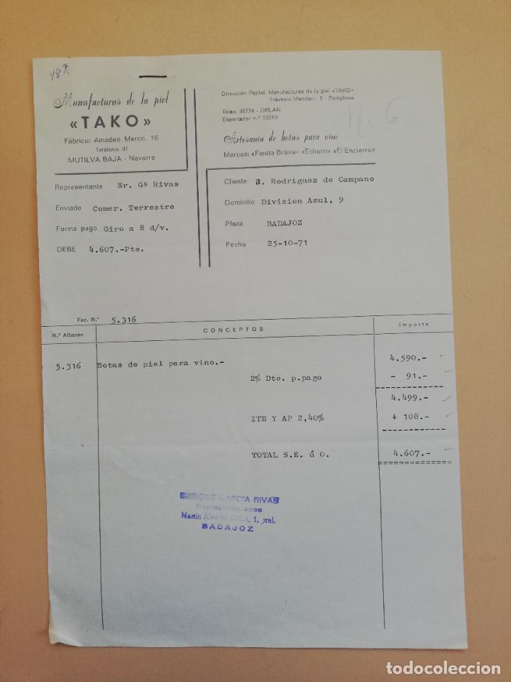 Factures anciennes: FACTURA. TAKO. MANUFACTURAS DE LA PIEL. ARTESANIA DE BOTAS PARA VINO. PAMPLONA. 1971.