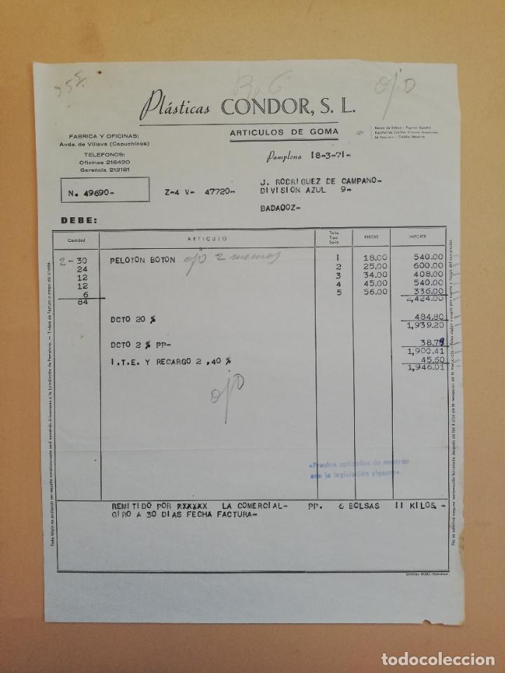 Factures anciennes: FACTURA. PLASTICAS CONDOR, S. L. ARTICULOS DE GOMA. PAMPLONA. 1971.